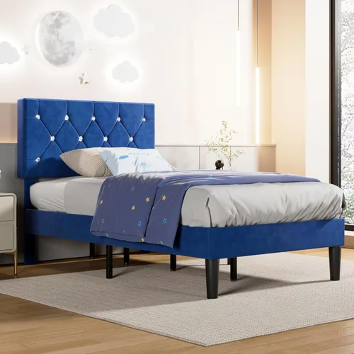 Miniatura 9 de VECELO Base de cama de tamaño individual, plataforma tapizada con cabecera ajustable de diamante, soporte de listones de madera, no necesita somier