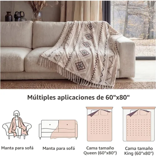 Miniatura 7 de CASAAGUSTO Manta Boho - Mantas Decorativas Beige y Gris con Borla, Manta Bohemia de Franela Estampada para Silla, Cama, Sofá, Sillón