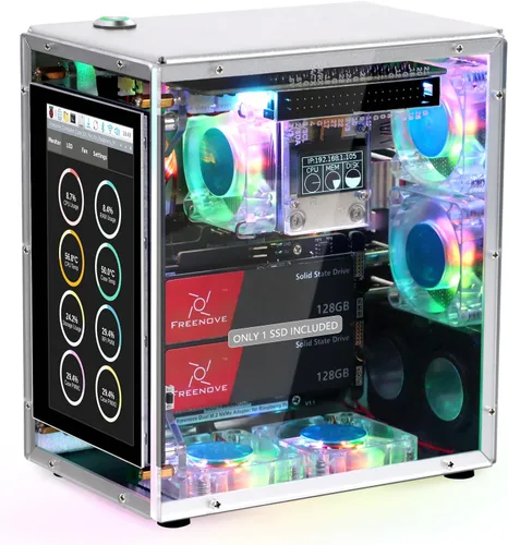 FREENOVE Raspberry Pi 5 Case Kit Pro (con 1 unidad de estado sólido SSD de 128 GB), ranuras SSD M.2 NVMe duales, 5 ventiladores PWM ARGB
