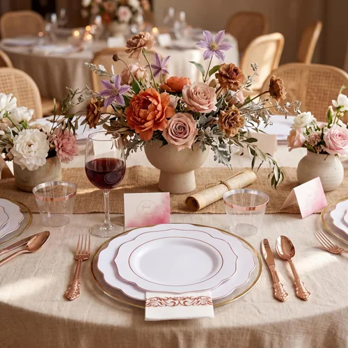 Miniatura 2 de NOCCUR 175 platos de plástico color oro rosa con cubiertos desechables, incluye 25 platos de cena, 25 platos de postre, 25 tenedores, 25 cuchillos