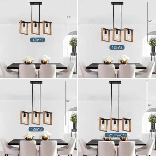 Miniatura 5 de 9MMML Lámpara de 3 luces para isla de cocina, lámpara de comedor negra, con marco de madera, para sala de estar, vestíbulo, entrada, pasillo, E26