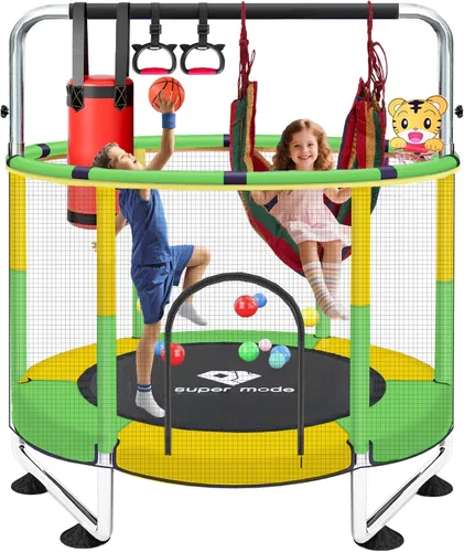 Miniatura 12 de Trampolín de 55 pulgadas para interiores y exteriores para niños con recinto, trampolín para niños pequeños con barra de gimnasia ajustable y Azul