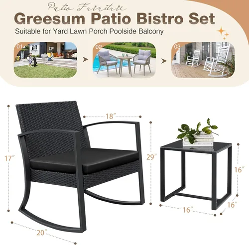 Miniatura 4 de Greesum Juego de muebles de exterior de 3 piezas para patio, bistró, mecedoras con mesa de centro de cristal para piscina, playa, patio, balcón