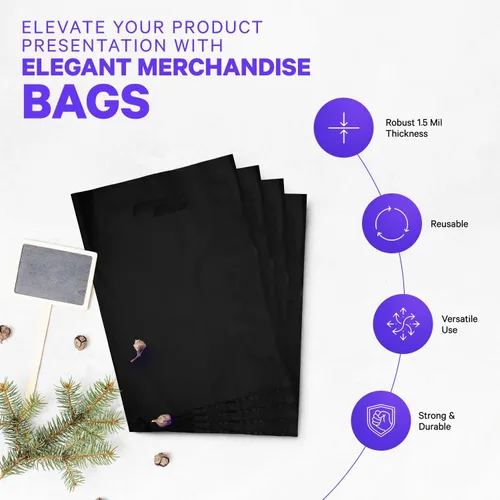 Miniatura 5 de Infinite Pack Bolsa de Plástico con Asa Troquelada Bolsa de 12" x 15" Bolsas de Mercancía de Plástico Negro Paquete de 100 para Venta al Por Menor