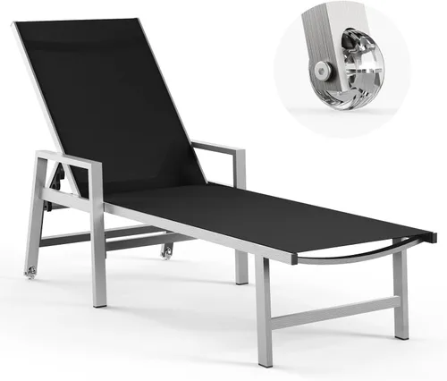 Vexwalx Tumbona para patio al aire libre con ruedas y reposabrazos, sillas reclinables ajustables de aluminio de 5 posiciones, sillas de playa al