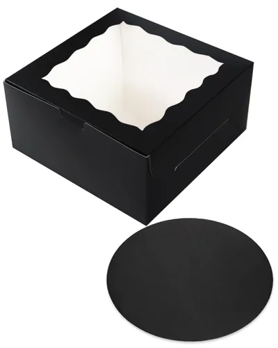 Miniatura 2 de qiqee 10x10x5 Caja para pasteles, 18 juegos de cajas para pasteles negras con ventana y 18 juegos de bases redondas negras de 10 pulgadas