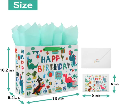 Miniatura 2 de Qirrmiy Juego de bolsas de regalo grandes de 13 pulgadas con tarjeta de felicitación y papel de seda (diseño de dinosaurio verde y feliz cumpleaños)