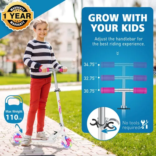 Miniatura 3 de BELEEV V1 Patinetas para niños, patineta plegable de 2 ruedas para niños y niñas, 3 alturas ajustables, ruedas iluminadas, patineta ligera con Rosa