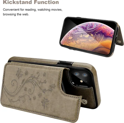 Miniatura 4 de Vaburs Funda compatible con iPhone 11 con tarjetero y diseño de mariposa en relieve, piel sintética de alta calidad, doble botones magnéticos, a Gris