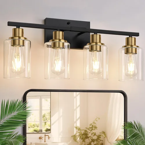 Miniatura 27 de Indoi Lámparas de baño de 4 luces, luces de tocador de níquel cepillado con pantallas de vidrio transparente, moderna lámpara de pared de baño