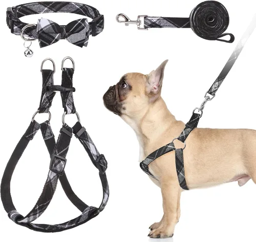 Miniatura 23 de Juego de arnés para perro con correa y collar de corbatín - Arnés para cachorro a cuadros beige, a prueba de escape, chaleco ajustable sin tirones