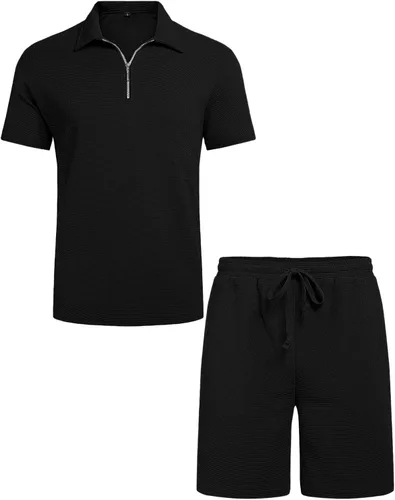 Miniatura 7 de Babioboa Conjunto de camisa polo de manga corta y pantalones cortos para hombre, conjunto de verano de dos piezas con 3 bolsillos con cremallera