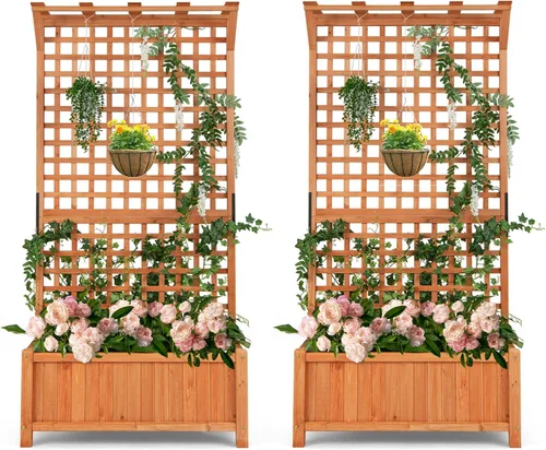 Miniatura 12 de S AFSTAR Cama de jardín elevada con enrejado, maceta elevada de madera con techo colgante y enrejado trepador, 4 agujeros de drenaje, contenedor
