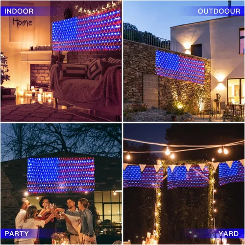 Miniatura 4 de Luces de bandera estadounidense, 420 luces LED de red de bandera de Estados Unidos, decoraciones del 4 de julio, decoración patriótica impermeable