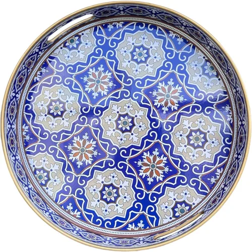 Miniatura 10 de Bandeja decorativa redonda, plástico mármol con asas, tocador moderno y para servir otomana, mesa auxiliar, cocina y baño, tamaño 13 pulgadas, negro