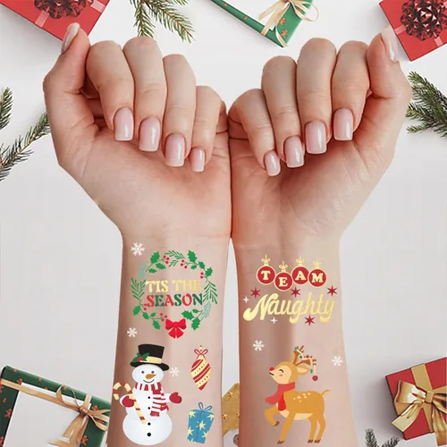 Miniatura 3 de Decoraciones de Navidad, tatuajes temporales, 52 estilos de purpurina para niños, equipo travieso, bonito recuerdo de fiesta de Navidad, árbol