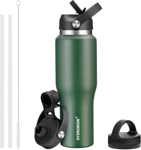 Miniatura 43 de HYDROWION Botella de agua de acero inoxidable, 32 onzas, boca ancha, doble pared, aislada al vacío, con tapa de pajilla, tapa de boquilla y tapa