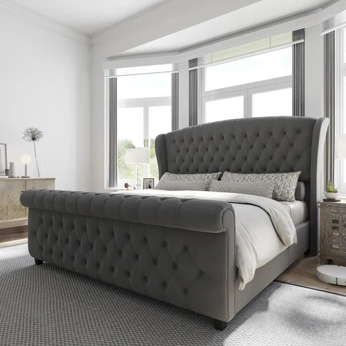Miniatura 15 de AMERLIFE - Marco de cama tamaño King con plataforma, cama de estilo trineador tapizada en terciopelo con cabecero y pie de cama con alas onduladas