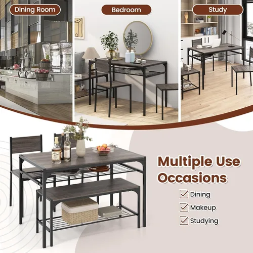 Miniatura 9 de COSTWAY Juego de mesa de comedor de 4 piezas, mesa de cocina y 2 sillas para 4 con banco, estantes de almacenamiento, marco de metal y diseño que