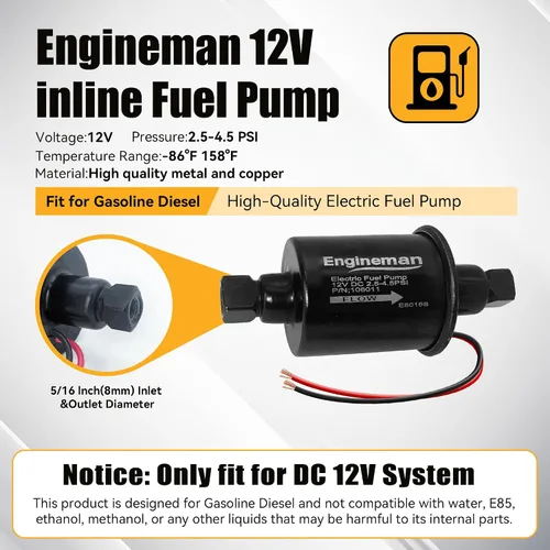 Miniatura 3 de Bomba de combustible eléctrica universal 12V 2.5-4.5 PSI en línea externa 5/16 pulgadas compatible con carburador marino diesel a gas marino E8016S