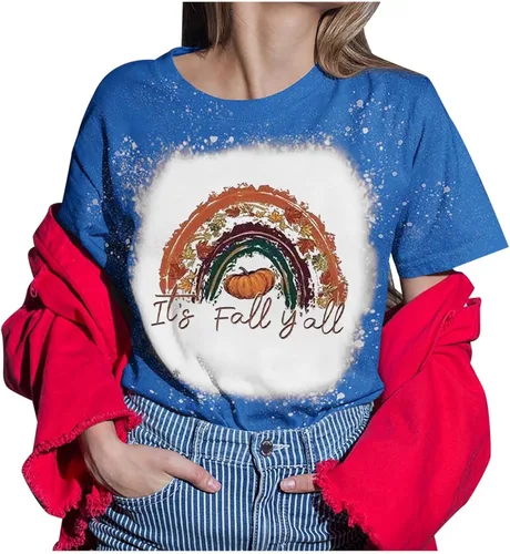 Miniatura 3 de Camisetas de manga corta con texto en inglés "It's Fall Y'All" para mujer, con teñido anudado, retro, camisetas de Halloween, con estampado
