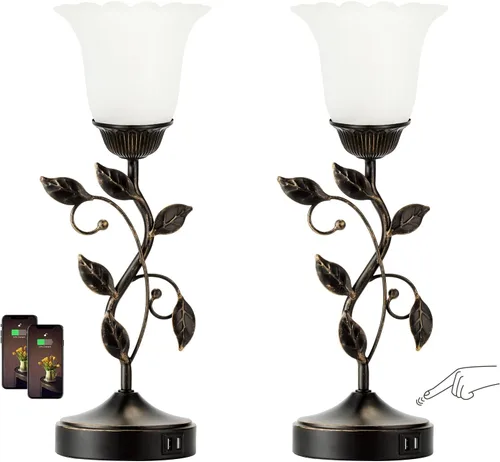 Miniatura 13 de Lámpara de mesa con control táctil con 2 puertos de carga USB, lámparas de mesita de noche regulables de 3 vías, pantalla de vidrio ámbar, lámpara