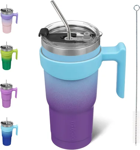 Miniatura 75 de BJPKPK Vaso con asa de acero inoxidable de 20 onzas, con aislamiento de doble pared, con tapa y pajita, color rosa claro A-rosa claro