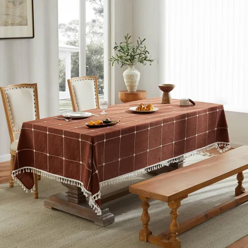 Miniatura 57 de ZeeMart - Mantel de mesa con diseño de cuadrícula boho y borlas (blanco roto, 132 cm x 132 cm), mantel de gran peso de lino a cuadros bordado
