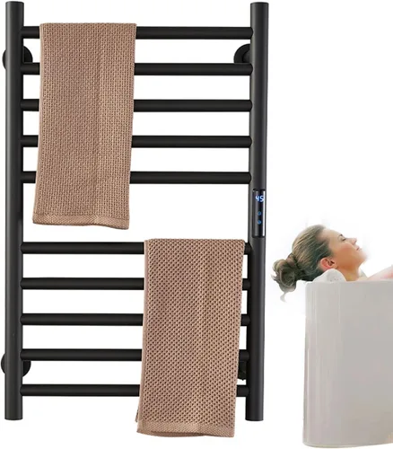 Exquisitos estantes de baño, calentador de toallas con temporizador para baño, barra de toalla térmica negra mate, soporte de pared, estante de