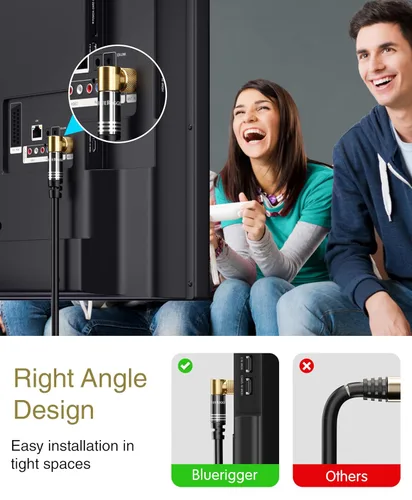 Miniatura 2 de Cable coaxial BlueRigger RG6 (1.5 pies, conector de 90° a conector de 90° con pin, chapado en oro, triple blindaje) – Cable coaxial de audio y video