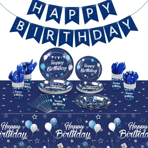 Miniatura 8 de Pajean Juego de vajilla azul y dorado para fiesta de cumpleaños, decoración de cumpleaños azul marino para hombres, pancartas y manteles, platos