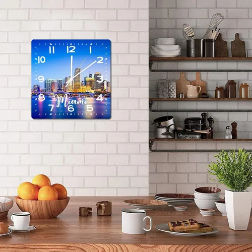 Miniatura 5 de Reloj de pared American Florida State Miami City Skyline Paisaje urbano Vista de la ciudad Reloj clásico de madera sin tictac funciona