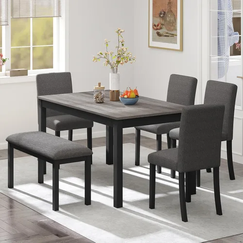 Miniatura 16 de Zevemomo Juego de mesa de comedor de madera maciza de 6 piezas, incluye 1 mesa de comedor, 4 sillas tapizadas y 1 banco, juego de mesa de comedor