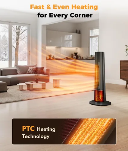 Miniatura 5 de Calentador de espacio para uso en interiores - Calentador portátil de torre de 25 pulgadas con llama 3D, control remoto, termostato ajustable, 2