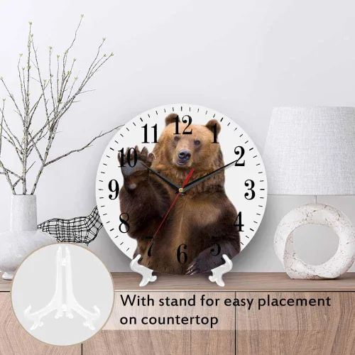 Miniatura 3 de Mxocom Reloj de pared con diseño de oso con texto en inglés "The Brown Bear Welcomes and Waves a Paw de 10 pulgadas, silencioso, sin tictac