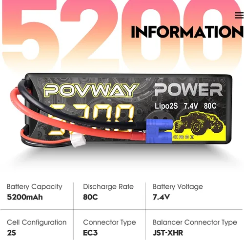 Miniatura 2 de Lipo Battery 5200mAh 80C 7.4V 2S RC - Carcasa rígida con enchufe EC3 para automóviles RC, camión RC, avión RC, helicóptero RC, dron, cuadricóptero