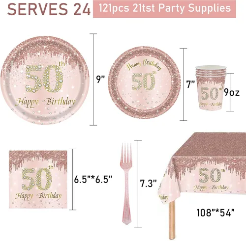 121 piezas de suministros para fiesta de cumpleaños número 50, platos, servilletas, vasos, tenedores, mantel, color oro rosa, con temática de feliz