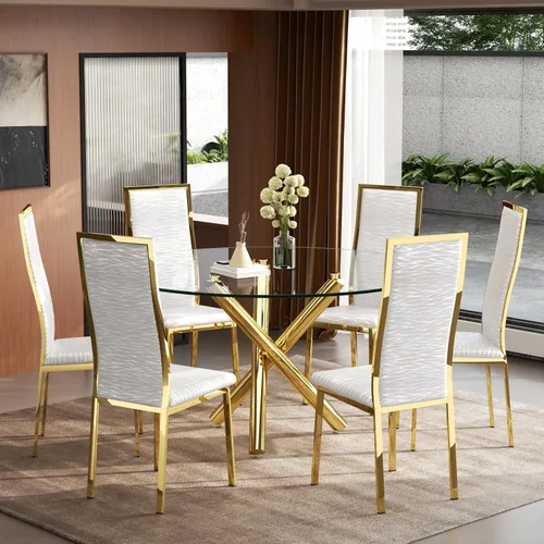 Miniatura 29 de Moderno juego de mesa redonda de cristal para 2, juego de mesa de cocina de círculo pequeño de 36 pulgadas con 2 sillas de comedor de piel sintética