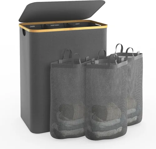 Cesta de lavandería con tapa, Bathola, cesta extra grande de 145L, cestas de 3 secciones para ropa sucia, organizador de cestas divididas para Gris