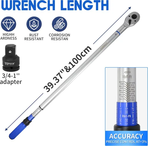 Miniatura 5 de Llave dinamométrica de clic de 3/4 pulgadas, llave dinamométrica profesional de clic de doble dirección 100-600FT.LB/135-815N.M, escalas de doble