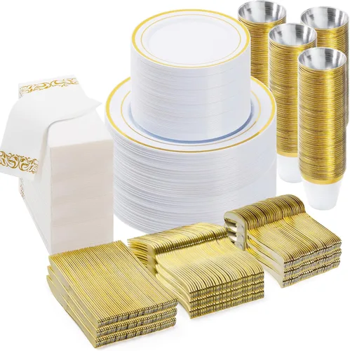 Miniatura 11 de BESTVIP Juego de vajilla desechable de 700 piezas en color dorado claro para 100 invitados, platos de plástico para fiesta, boda, Navidad, Incluye