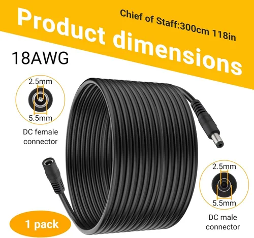 Miniatura 2 de CENSHI Paquete de 1 cable de extensión de alimentación CC de 18 AWG de 0.217 in x 0.098 in, cable conector macho a hembra para cámara de seguridad