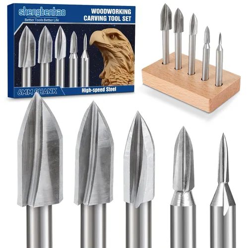 Juego de brocas de tallado de madera con vástago de 1/4 pulgadas con base de madera, 5 piezas de brocas de grabado para carpintería, accesorios de