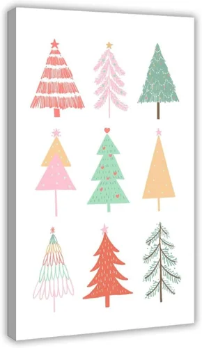 Pretty Pastel Christmas Trees Watercolor Pink Green Red Christmas Vintage Wall Art Print Winter Retro Warm Landscape Art Poster Decor for Gallery