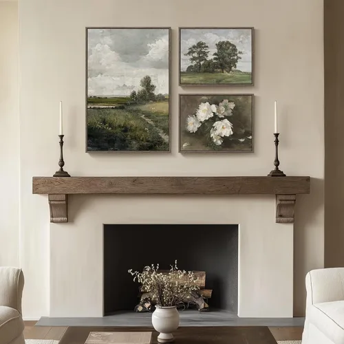 Miniatura 3 de 3 piezas de arte de pared en lienzo con marco vintage, gran impresión de granja de paisaje floral verde y árbol, obra de arte retro floral francesa