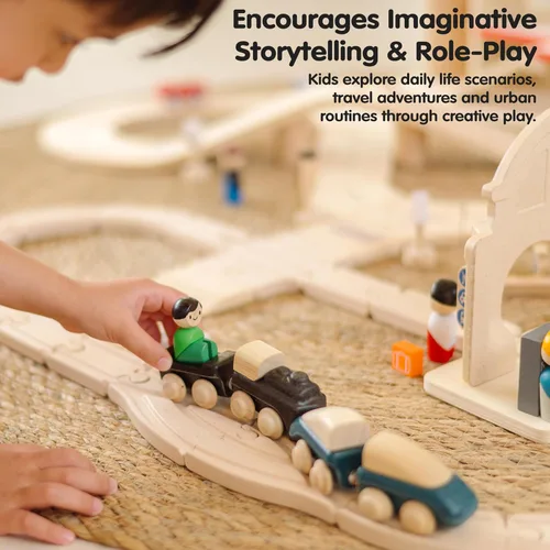 Miniatura 6 de PlanToys® Wooden City Transit Rail & Road Playset Montessori Building Activity for City Planning, Transport Systems & Role Play Eco Friendly Toy