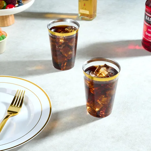 Miniatura 5 de FOCUSLINE Paquete de 100 vasos de plástico de 12 onzas con borde dorado, vasos transparentes de 12 onzas, vasos duros desechables elegantes y Borde