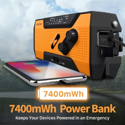 Miniatura 3 de FosPower NOAA Radio meteorológica de emergencia A1 7400 mWh, banco de energía portátil, AM/FM, USB/solar/carga de manivela, funciona