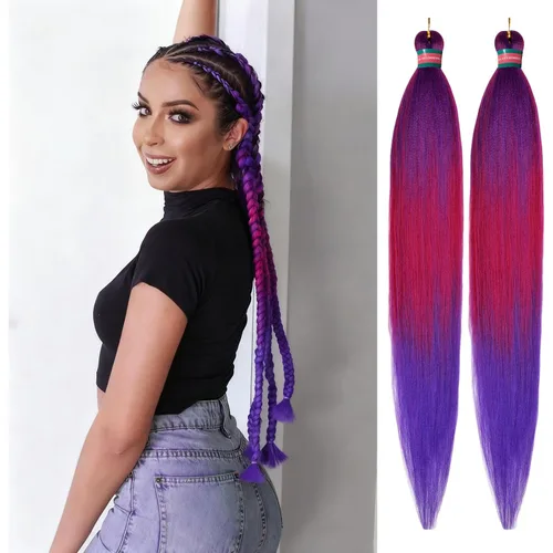 Miniatura 37 de Extensiones de cabello para trenzar verde+verde claro, preestiradas, 2 paquetes, con cabello plumoso pre-trenzado, extensiones de cabello