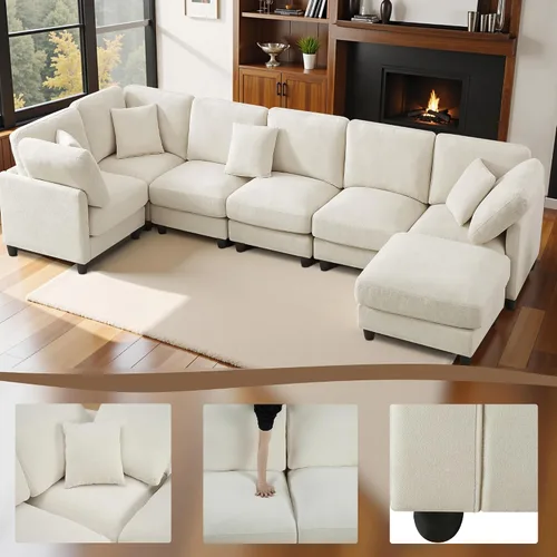 Miniatura 5 de Sofá modular de 117 pulgadas, sofá modular de felpilla en forma de U con otomana móvil, moderno sofá modular de 7 asientos para sala de estar, Beige